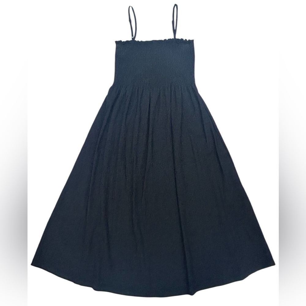 H&M Women’s Sleeveless Adjustable Shoulder Straps Smocked Black Midi Dress - Picture 3 of 8